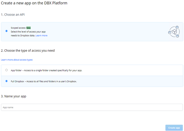 The Create Dropbox App page