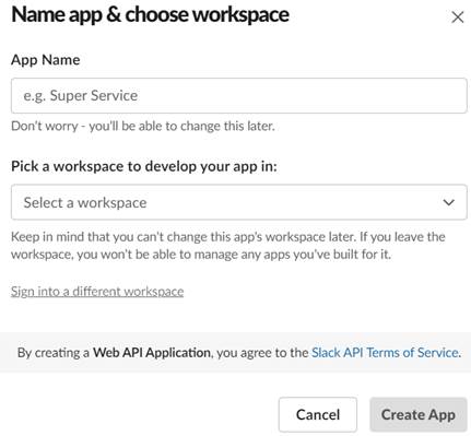 Name app & choose workspace window