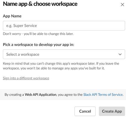Name app & choose workspace window