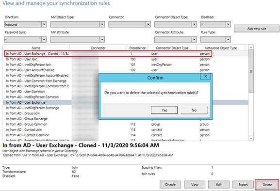 The In from AD – User Exchange - Cloned rule
