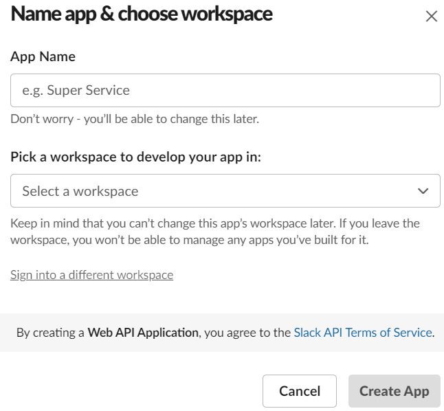 Name app & choose workspace window