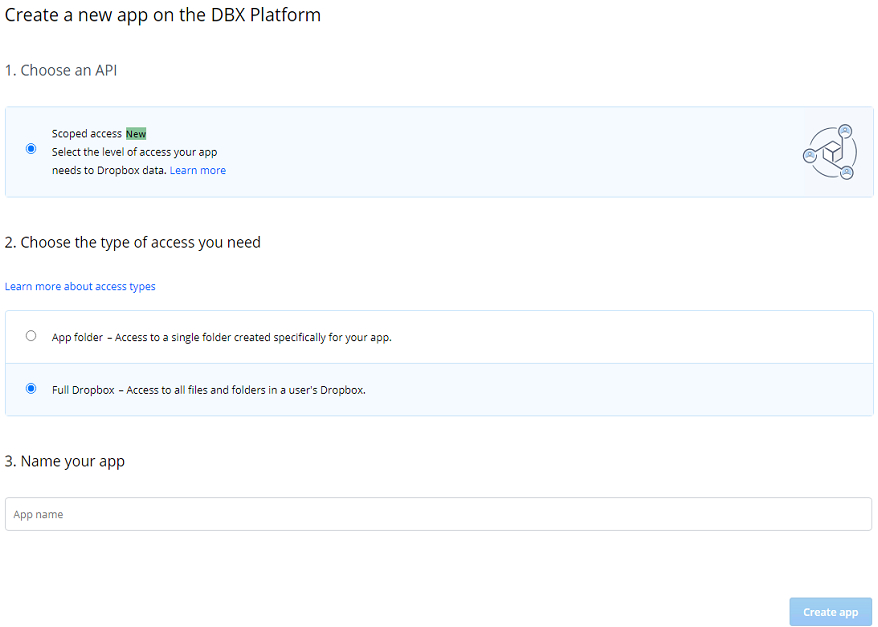 The Create Dropbox App page