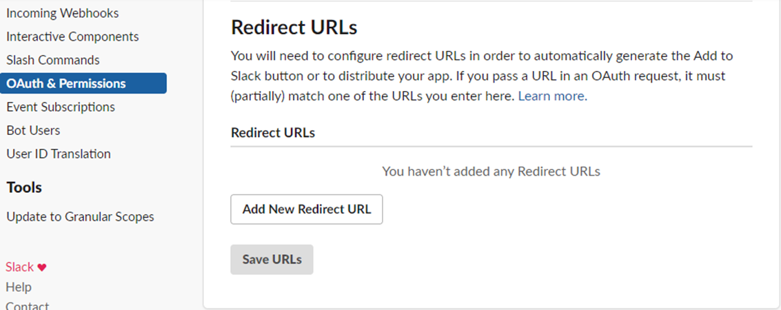 Redirect URLs section